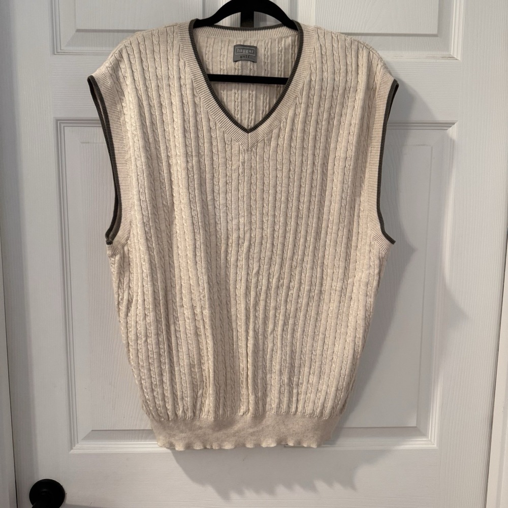 Haggar Golf Cable Knit Sweater VNeck Vest Men XL Tan Green Contrast Trim croquet